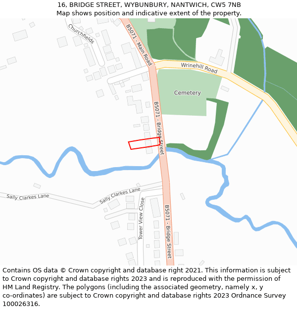 16, BRIDGE STREET, WYBUNBURY, NANTWICH, CW5 7NB: Location map and indicative extent of plot