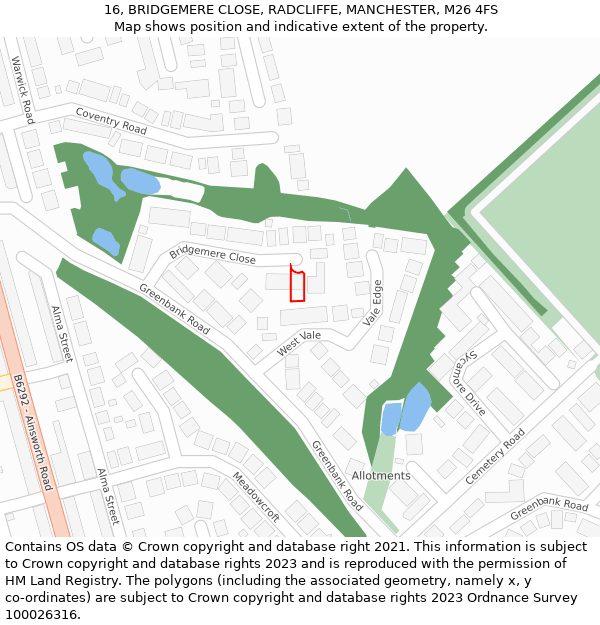 16, BRIDGEMERE CLOSE, RADCLIFFE, MANCHESTER, M26 4FS: Location map and indicative extent of plot