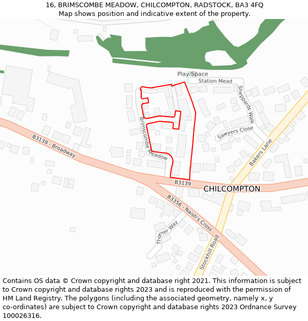 16, BRIMSCOMBE MEADOW, CHILCOMPTON, RADSTOCK, BA3 4FQ: Location map and indicative extent of plot