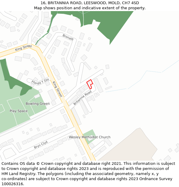 16, BRITANNIA ROAD, LEESWOOD, MOLD, CH7 4SD: Location map and indicative extent of plot