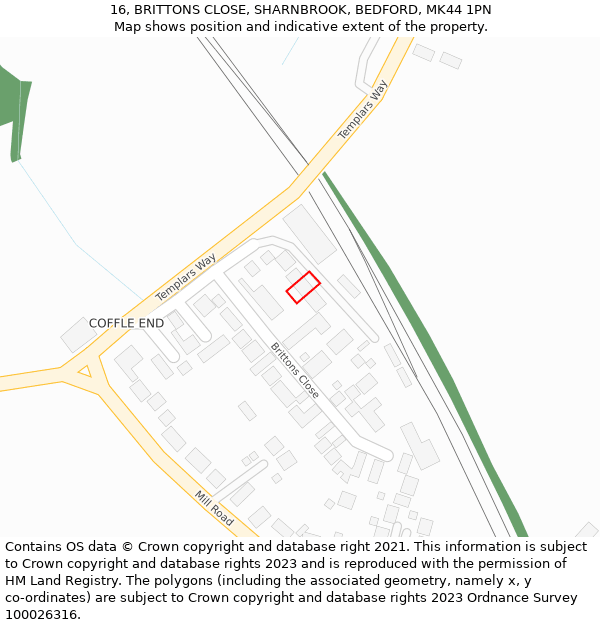 16, BRITTONS CLOSE, SHARNBROOK, BEDFORD, MK44 1PN: Location map and indicative extent of plot