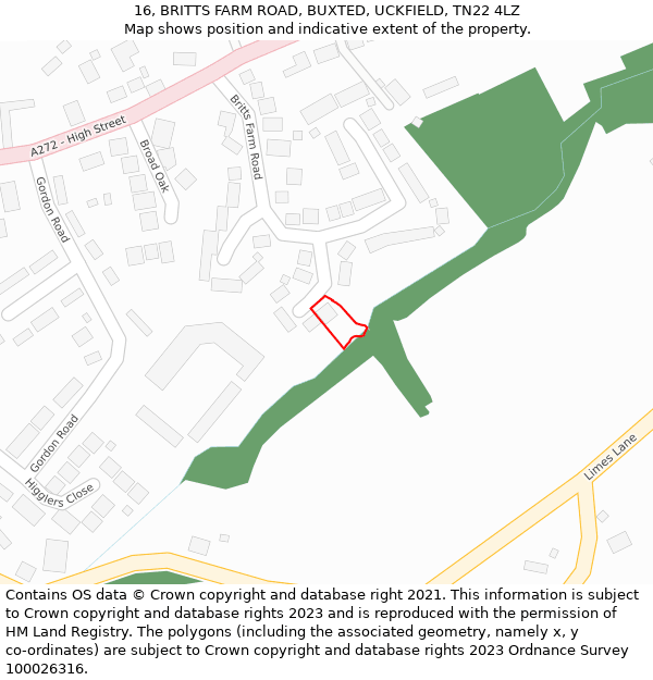 16, BRITTS FARM ROAD, BUXTED, UCKFIELD, TN22 4LZ: Location map and indicative extent of plot