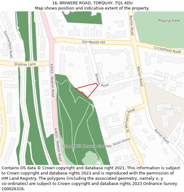 16, BRIWERE ROAD, TORQUAY, TQ1 4DU: Location map and indicative extent of plot