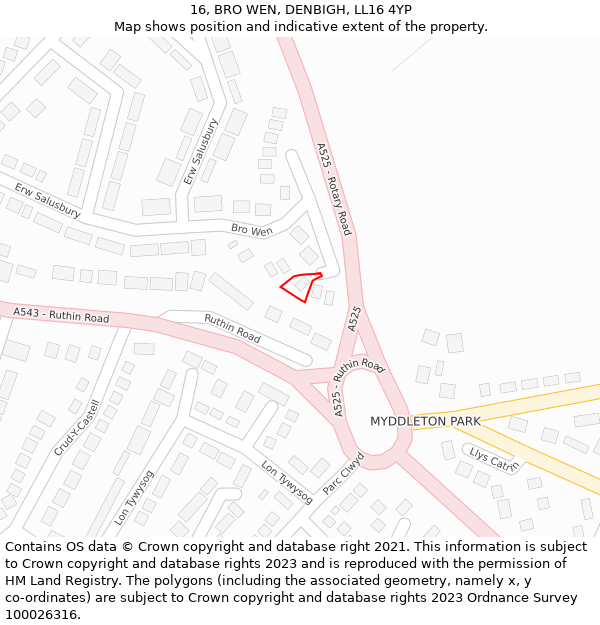 16, BRO WEN, DENBIGH, LL16 4YP: Location map and indicative extent of plot