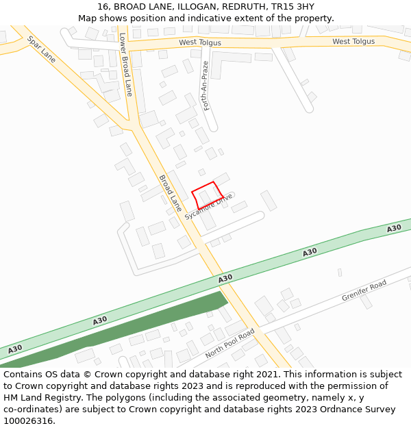 16, BROAD LANE, ILLOGAN, REDRUTH, TR15 3HY: Location map and indicative extent of plot