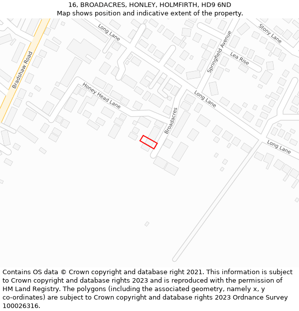 16, BROADACRES, HONLEY, HOLMFIRTH, HD9 6ND: Location map and indicative extent of plot