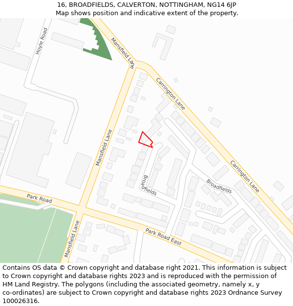 16, BROADFIELDS, CALVERTON, NOTTINGHAM, NG14 6JP: Location map and indicative extent of plot
