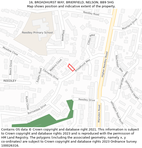 16, BROADHURST WAY, BRIERFIELD, NELSON, BB9 5HG: Location map and indicative extent of plot