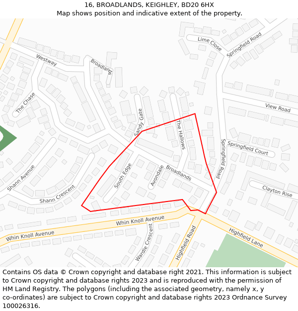 16, BROADLANDS, KEIGHLEY, BD20 6HX: Location map and indicative extent of plot