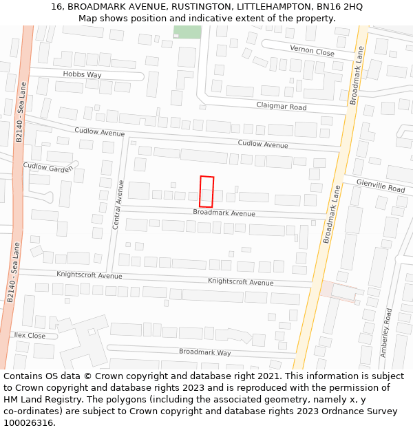 16, BROADMARK AVENUE, RUSTINGTON, LITTLEHAMPTON, BN16 2HQ: Location map and indicative extent of plot