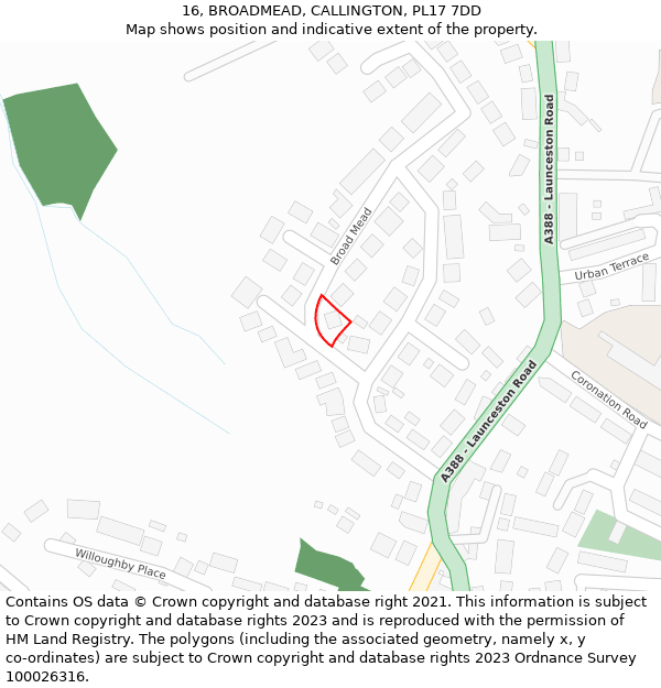 16, BROADMEAD, CALLINGTON, PL17 7DD: Location map and indicative extent of plot