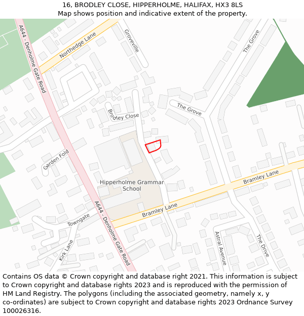 16, BRODLEY CLOSE, HIPPERHOLME, HALIFAX, HX3 8LS: Location map and indicative extent of plot