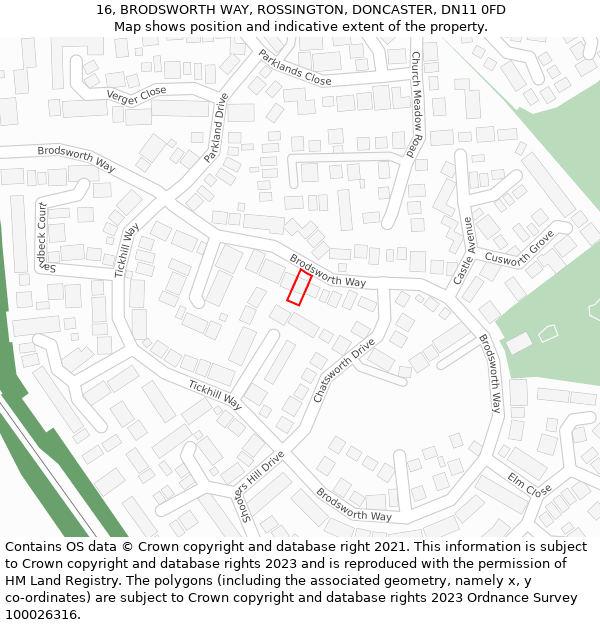 16, BRODSWORTH WAY, ROSSINGTON, DONCASTER, DN11 0FD: Location map and indicative extent of plot