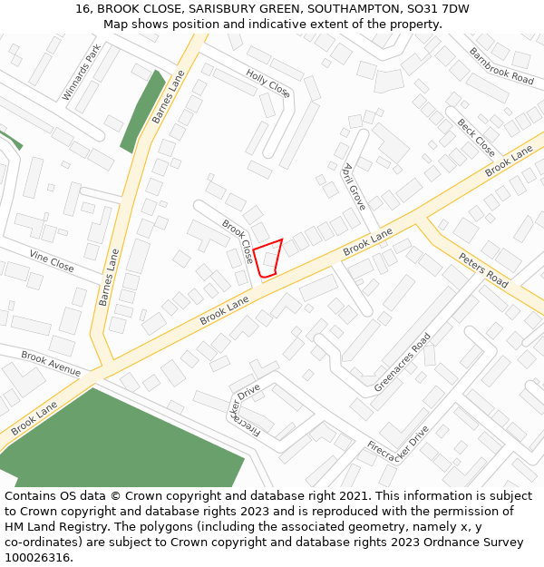 16, BROOK CLOSE, SARISBURY GREEN, SOUTHAMPTON, SO31 7DW: Location map and indicative extent of plot