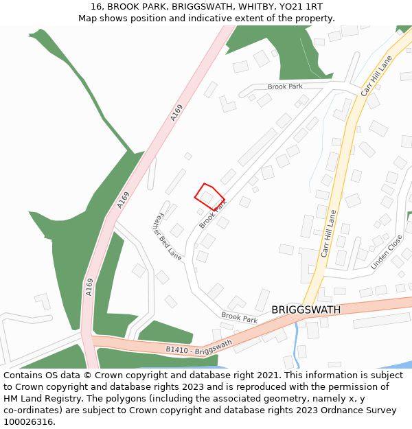 16, BROOK PARK, BRIGGSWATH, WHITBY, YO21 1RT: Location map and indicative extent of plot