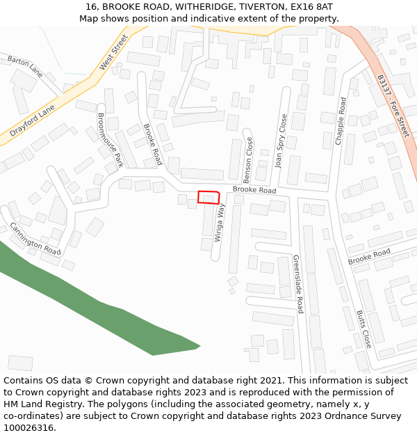 16, BROOKE ROAD, WITHERIDGE, TIVERTON, EX16 8AT: Location map and indicative extent of plot