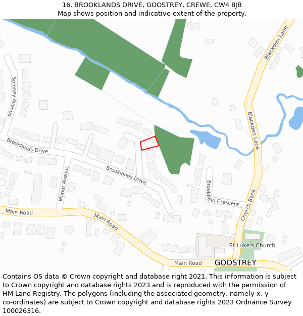 16, BROOKLANDS DRIVE, GOOSTREY, CREWE, CW4 8JB: Location map and indicative extent of plot