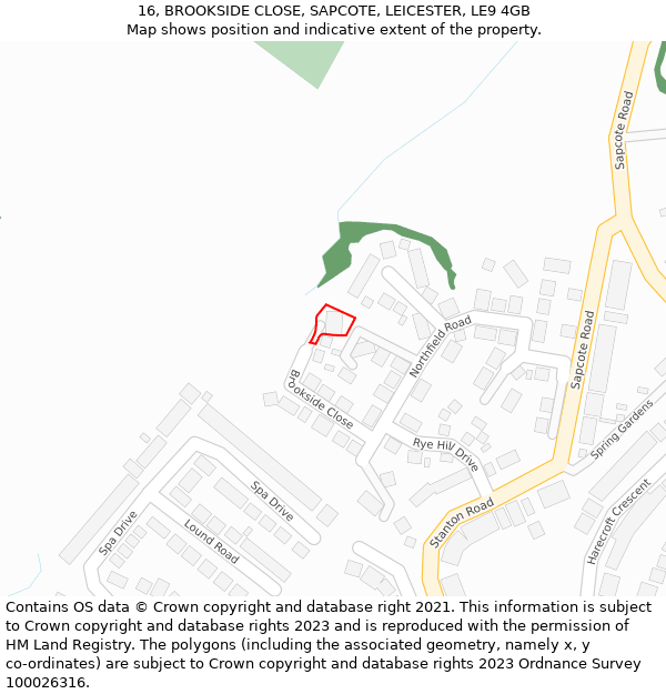 16, BROOKSIDE CLOSE, SAPCOTE, LEICESTER, LE9 4GB: Location map and indicative extent of plot