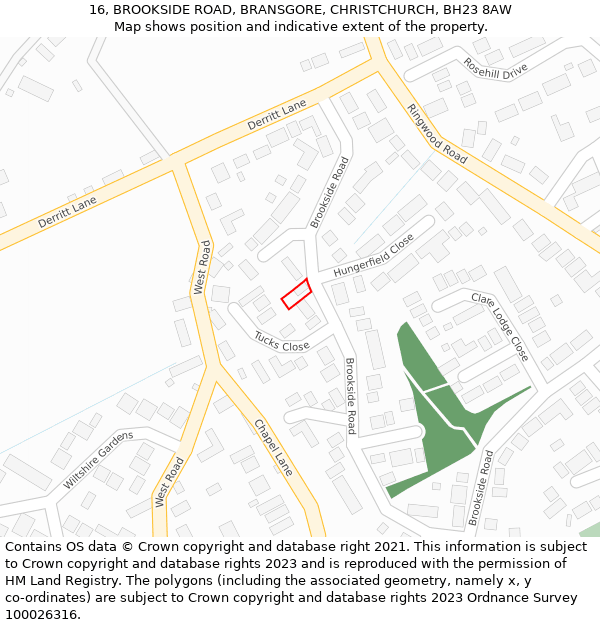 16, BROOKSIDE ROAD, BRANSGORE, CHRISTCHURCH, BH23 8AW: Location map and indicative extent of plot
