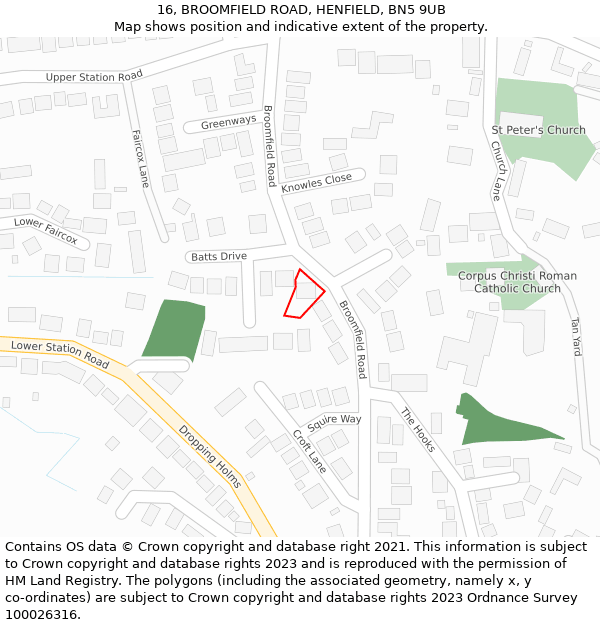 16, BROOMFIELD ROAD, HENFIELD, BN5 9UB: Location map and indicative extent of plot