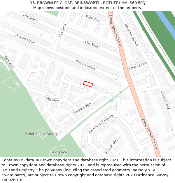 16, BROWNLEE CLOSE, BRINSWORTH, ROTHERHAM, S60 5FQ: Location map and indicative extent of plot