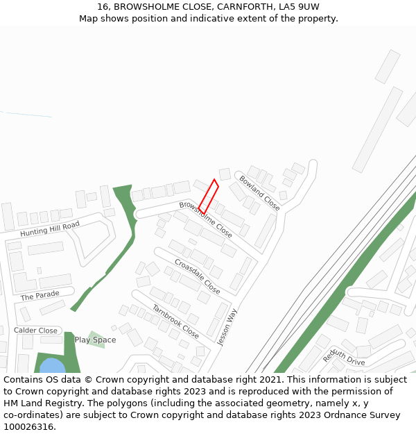 16, BROWSHOLME CLOSE, CARNFORTH, LA5 9UW: Location map and indicative extent of plot