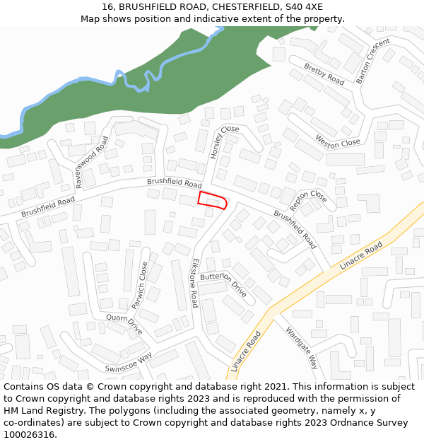 16, BRUSHFIELD ROAD, CHESTERFIELD, S40 4XE: Location map and indicative extent of plot