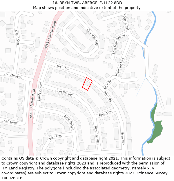 16, BRYN TWR, ABERGELE, LL22 8DD: Location map and indicative extent of plot