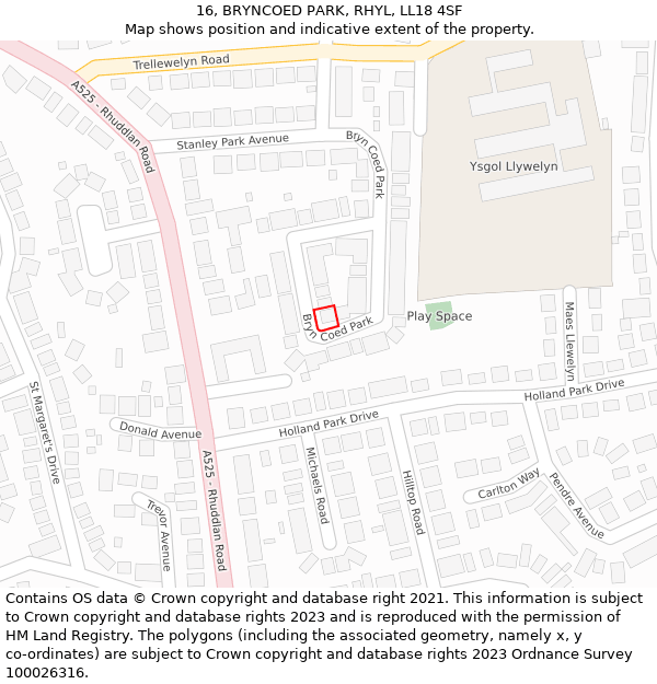 16, BRYNCOED PARK, RHYL, LL18 4SF: Location map and indicative extent of plot