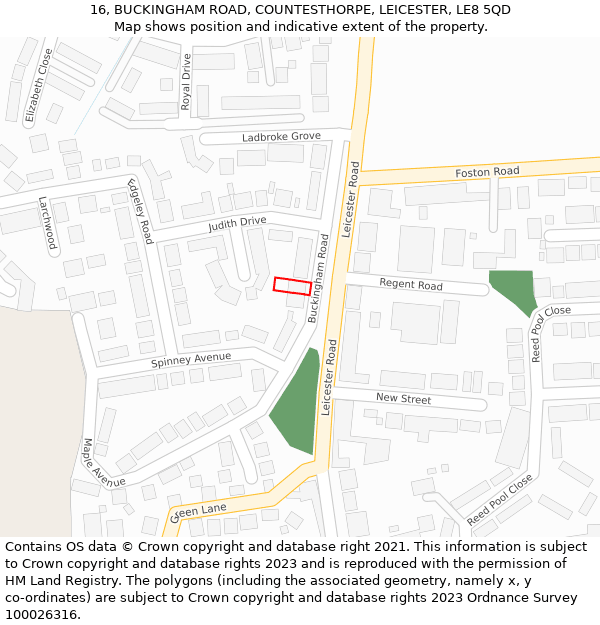 16, BUCKINGHAM ROAD, COUNTESTHORPE, LEICESTER, LE8 5QD: Location map and indicative extent of plot