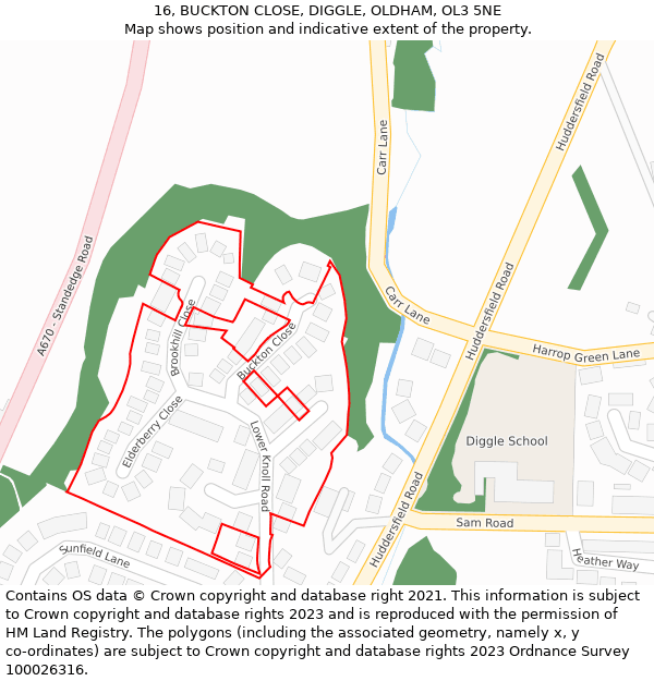 16, BUCKTON CLOSE, DIGGLE, OLDHAM, OL3 5NE: Location map and indicative extent of plot