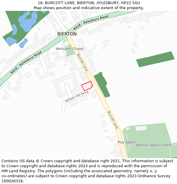 16, BURCOTT LANE, BIERTON, AYLESBURY, HP22 5AU: Location map and indicative extent of plot