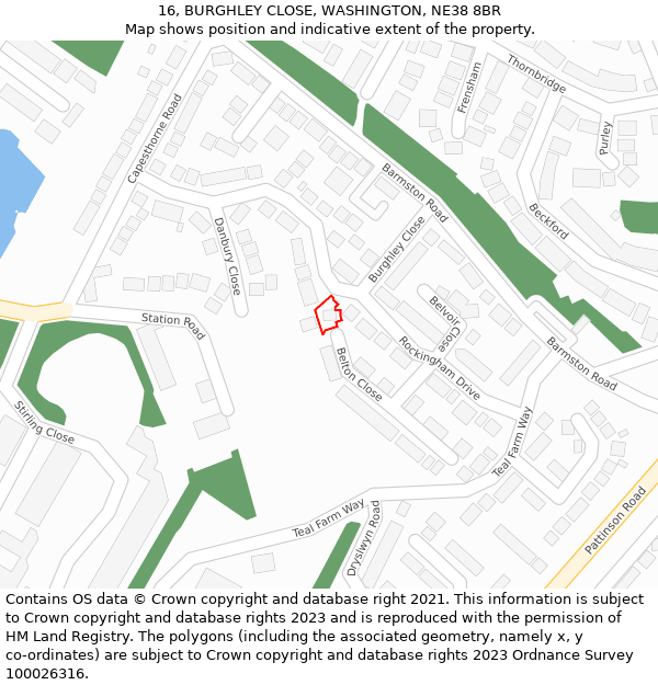 16, BURGHLEY CLOSE, WASHINGTON, NE38 8BR: Location map and indicative extent of plot