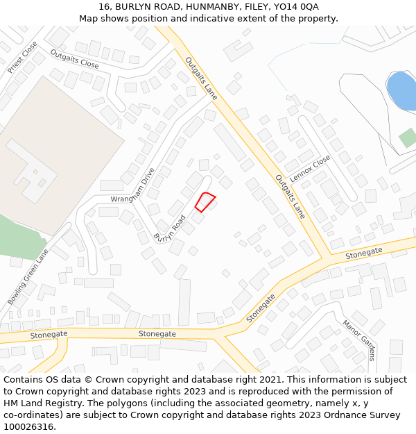 16, BURLYN ROAD, HUNMANBY, FILEY, YO14 0QA: Location map and indicative extent of plot