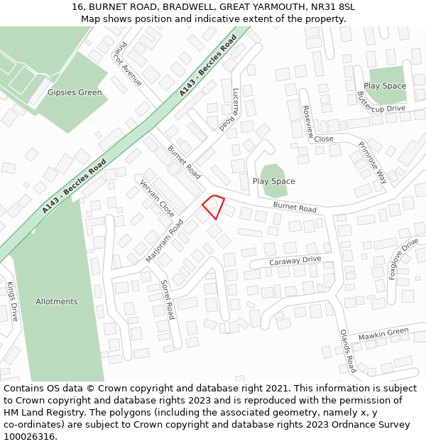 16, BURNET ROAD, BRADWELL, GREAT YARMOUTH, NR31 8SL: Location map and indicative extent of plot