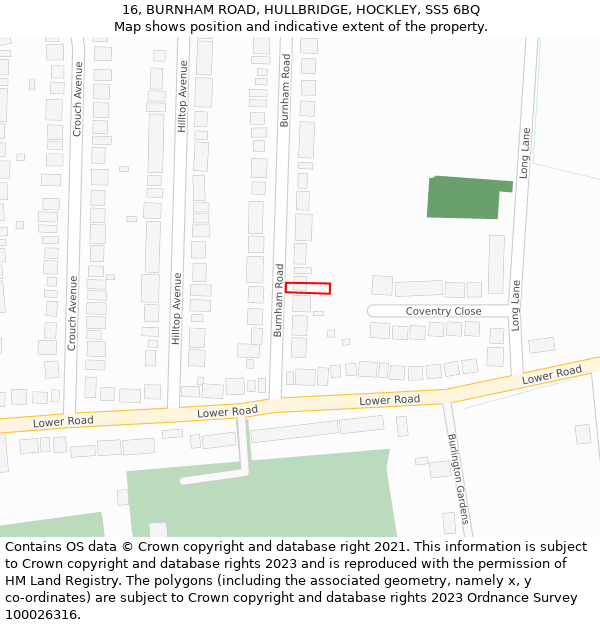 16, BURNHAM ROAD, HULLBRIDGE, HOCKLEY, SS5 6BQ: Location map and indicative extent of plot