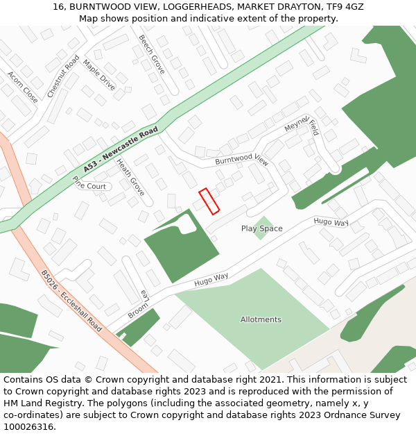 16, BURNTWOOD VIEW, LOGGERHEADS, MARKET DRAYTON, TF9 4GZ: Location map and indicative extent of plot