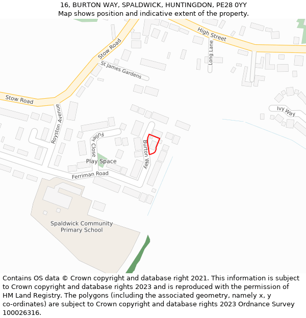 16, BURTON WAY, SPALDWICK, HUNTINGDON, PE28 0YY: Location map and indicative extent of plot