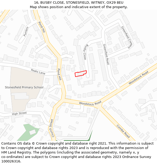 16, BUSBY CLOSE, STONESFIELD, WITNEY, OX29 8EU: Location map and indicative extent of plot