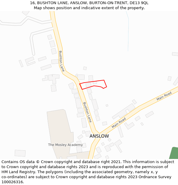 16, BUSHTON LANE, ANSLOW, BURTON-ON-TRENT, DE13 9QL: Location map and indicative extent of plot