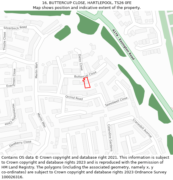 16, BUTTERCUP CLOSE, HARTLEPOOL, TS26 0FE: Location map and indicative extent of plot