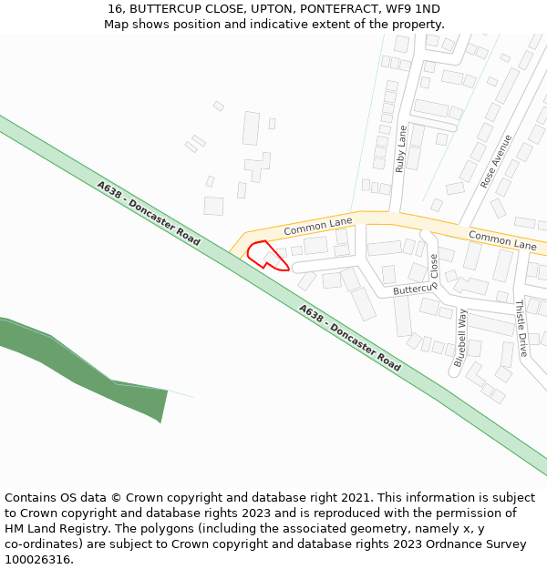 16, BUTTERCUP CLOSE, UPTON, PONTEFRACT, WF9 1ND: Location map and indicative extent of plot