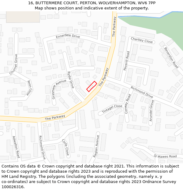 16, BUTTERMERE COURT, PERTON, WOLVERHAMPTON, WV6 7PP: Location map and indicative extent of plot