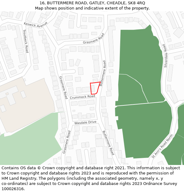 16, BUTTERMERE ROAD, GATLEY, CHEADLE, SK8 4RQ: Location map and indicative extent of plot