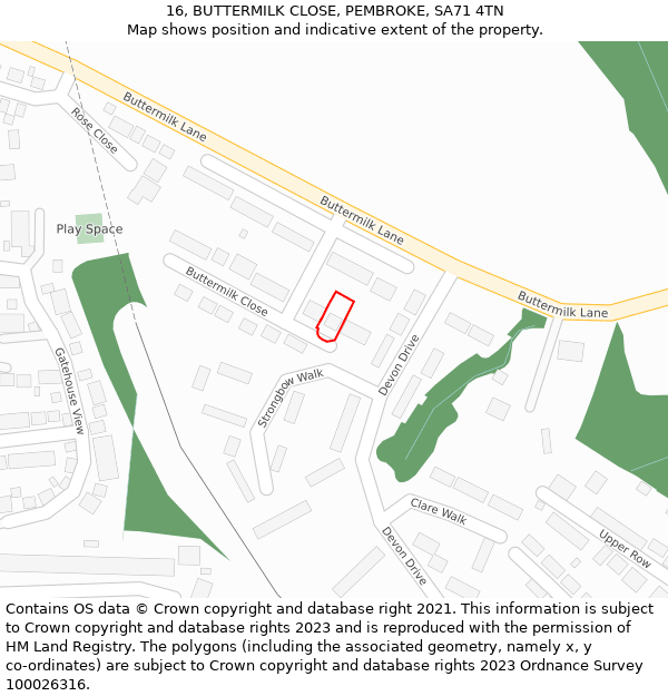 16, BUTTERMILK CLOSE, PEMBROKE, SA71 4TN: Location map and indicative extent of plot