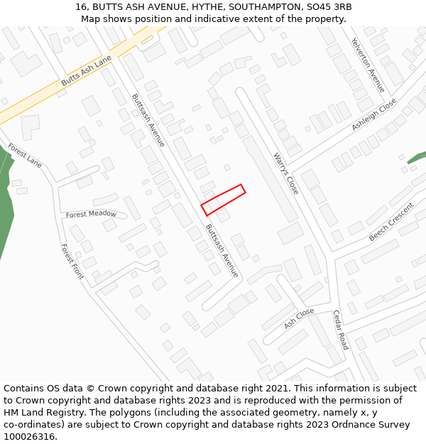 16, BUTTS ASH AVENUE, HYTHE, SOUTHAMPTON, SO45 3RB: Location map and indicative extent of plot