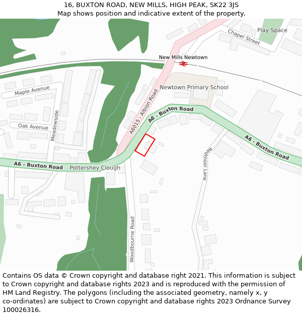 16, BUXTON ROAD, NEW MILLS, HIGH PEAK, SK22 3JS: Location map and indicative extent of plot