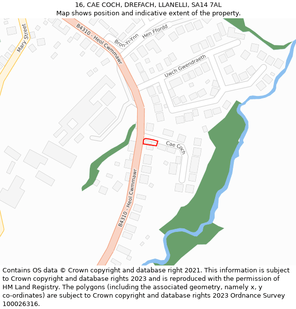 16, CAE COCH, DREFACH, LLANELLI, SA14 7AL: Location map and indicative extent of plot