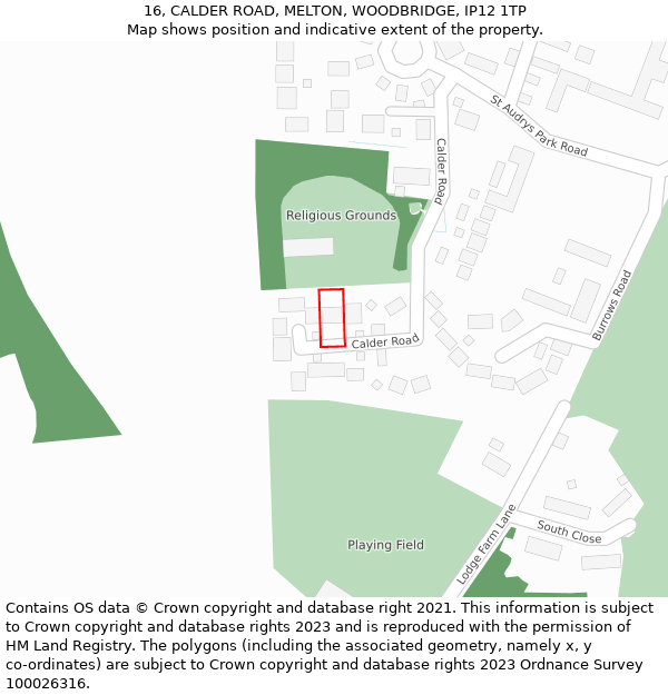 16, CALDER ROAD, MELTON, WOODBRIDGE, IP12 1TP: Location map and indicative extent of plot