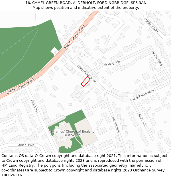 16, CAMEL GREEN ROAD, ALDERHOLT, FORDINGBRIDGE, SP6 3AN: Location map and indicative extent of plot